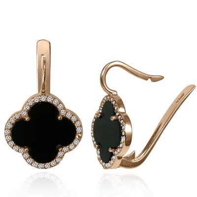 14k Gold Diamond  Black Onyx Four Leaf Clover Earrings #E1709