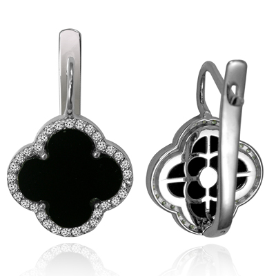 Diamond and Black Onyx Four Leaf Clover Earrings  in 925 Silver #E1710