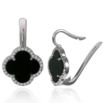 Diamond and Black Onyx Four Leaf Clover Earrings  in 925 Silver #E1710