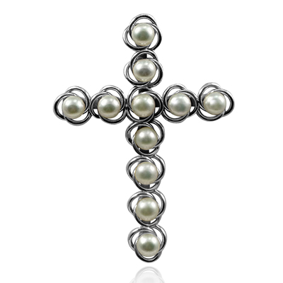 14K Solid White Gold Cross Fresh Water Pearl Brooch Pendant #P967