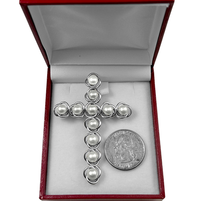 14K Solid White Gold Cross Fresh Water Pearl Brooch Pendant #P967