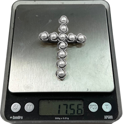 14K Solid White Gold Cross Fresh Water Pearl Brooch Pendant #P967