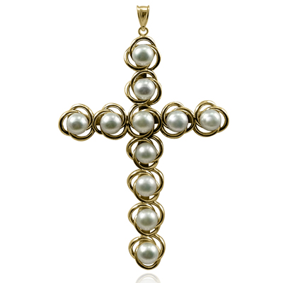 14k solid Yellow Gold Cross Pearl Pendant #P964