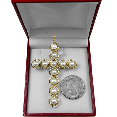 14k solid Yellow Gold Cross Pearl Pendant #P964