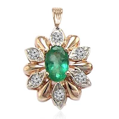 Russian Style Diamond Emerald Pendant 14k Gold #P952
