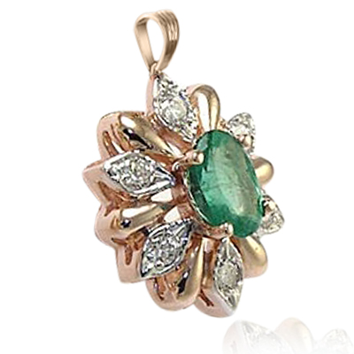 Russian Style Diamond Emerald Pendant 14k Gold #P952