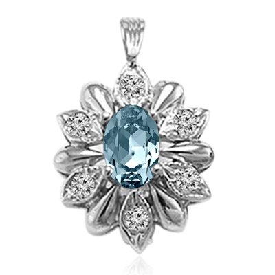 Russian Style Diamond Aquamarine Pendant 14k Solid white Gold  #P1004