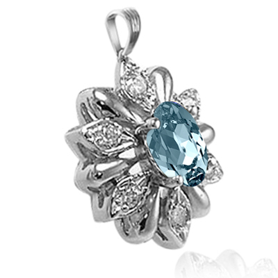 Russian Style Diamond Aquamarine Pendant 14k Solid white Gold  #P1004
