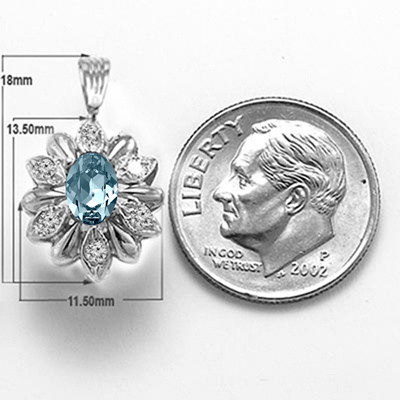 Russian Style Diamond Aquamarine Pendant 14k Solid white Gold  #P1004