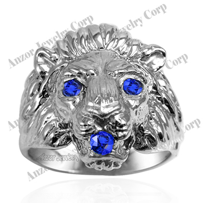 Men's Ring 18k White Gold Lion Sapphire Ring #R2293