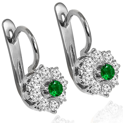 14k Gold Emerald Diamond Russian style Earrings #E1791
