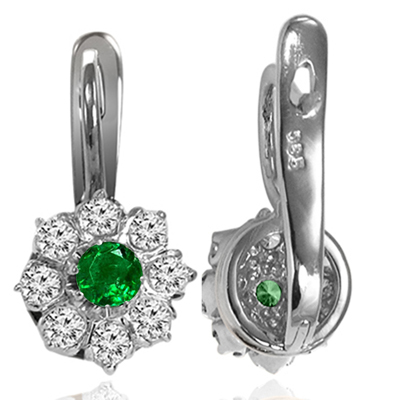 14k Gold Emerald Diamond Russian style Earrings #E1791