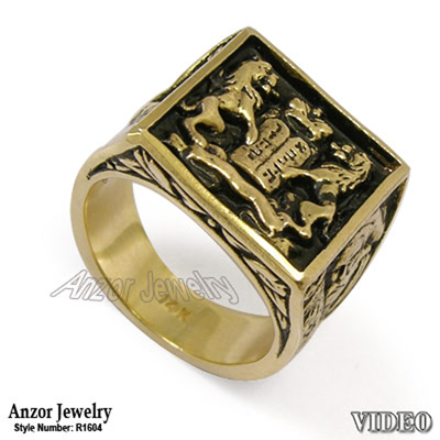 Lions Facing The Ten Commandments Ring in 10k Gold