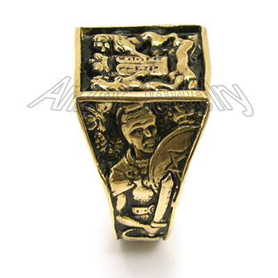 Lions Facing The Ten Commandments Ring in 10k Gold