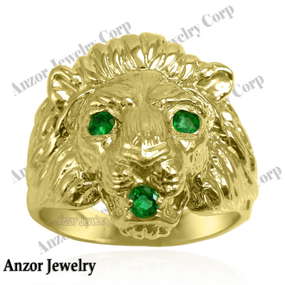 Men's Ring 10k Yellow Gold Lion Emerald Ring