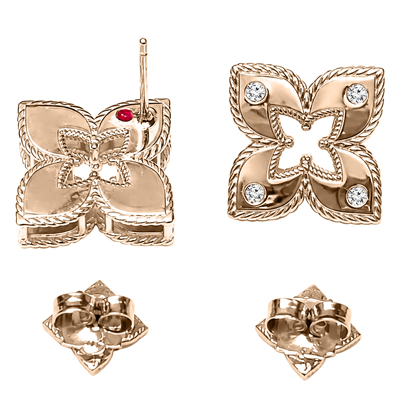 Russian style Flower Diamond Ruby Earrings 14k