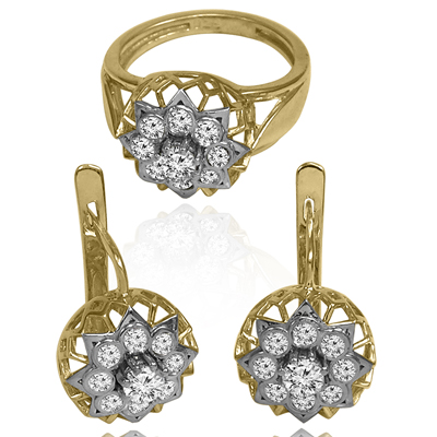 14K Gold Diamond Ring Earrings Set Russian Style