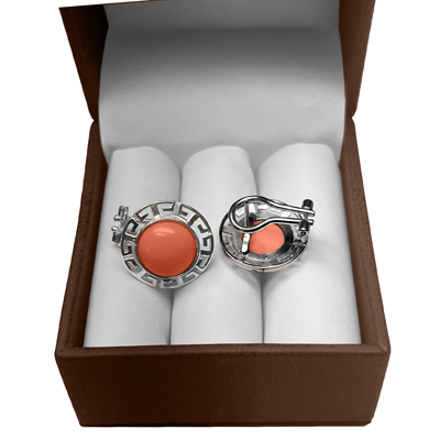 14K White Gold Matching Coral Earrings & Pendant