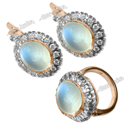 Moon Stone Diamond earrings ring Set 14K 585