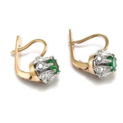 Russian Style Emerald Diamond Earrings 14k Gold E904