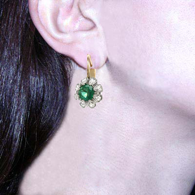Russian Style Emerald Diamond Earrings 14k Gold E904