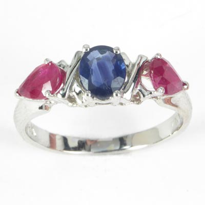 14k Gold Three-Stone Sapphire Ruby Ring R427