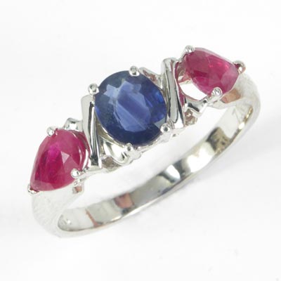 14k Gold Three-Stone Sapphire Ruby Ring R427