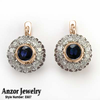 Russian Style Diamond & Sapphire Earrings 585 E607