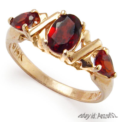 Genuine Garnet 3-Stone Ring 14k Gold R708