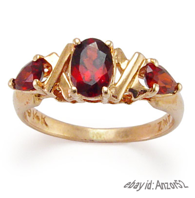 Genuine Garnet 3-Stone Ring 14k Gold R708