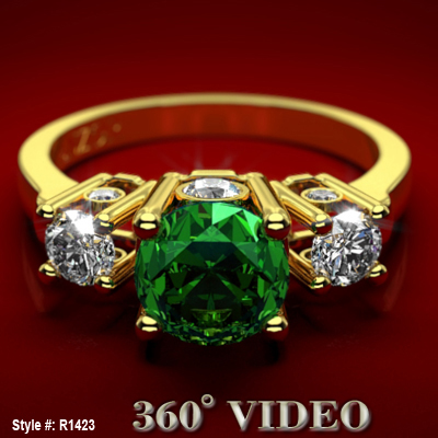 Emerald Diamond Three Stone Ring in 18k Gold R716