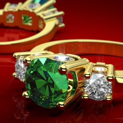 Emerald Diamond Three Stone Ring in 18k Gold R716