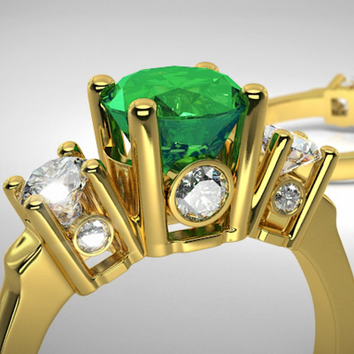 Emerald Diamond Three Stone Ring in 18k Gold R716