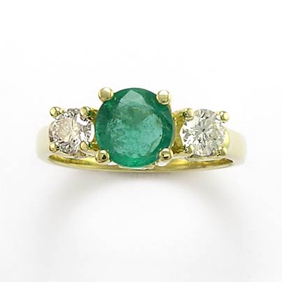 Emerald Diamond Three Stone Ring in 18k Gold R716