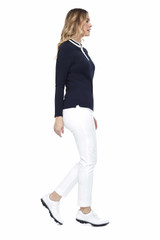 Swing Control Long Sleeve Mockneck Zippered Women's Golf Top - Navy on White