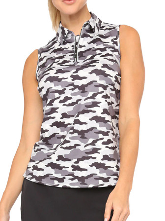 Belyn Key Zip Keystone Sleeveless Women's Golf Shirt - Grey Scale Camo