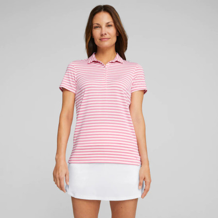 Puma Women's Mattr Somer Stripe Short Sleeve Golf Polo - Strawberry Burst / White Glow