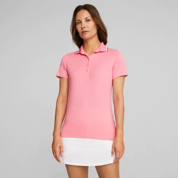 Puma Women's Cloudspun Tipped  Short Sleeve Golf Polo -  Strawberry Burst / Bold Blue