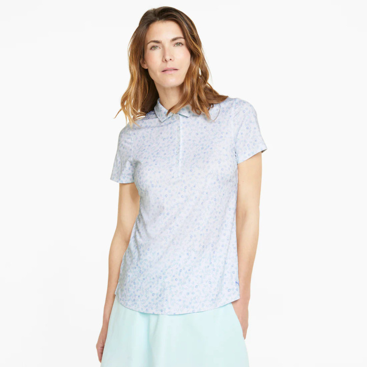 Puma Women's Mattr Fancy Plants Short Sleeve Golf Polo -  Bright White / Light Aqua