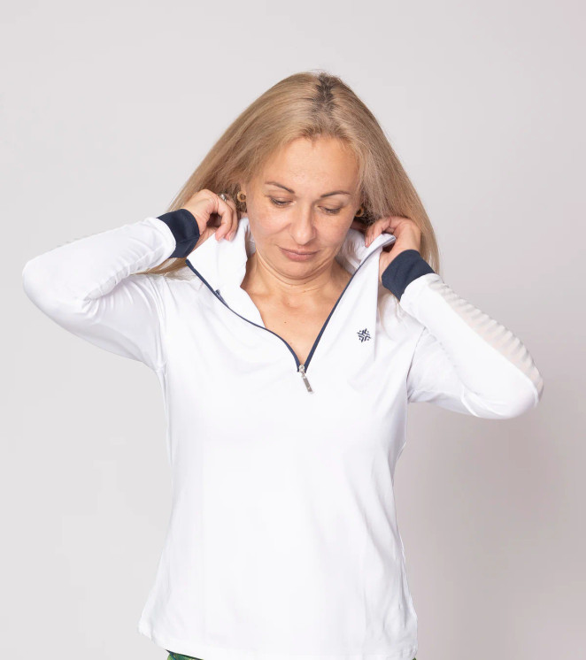 Famara Sheer Sleeve Golf Shirt - White (Navy)