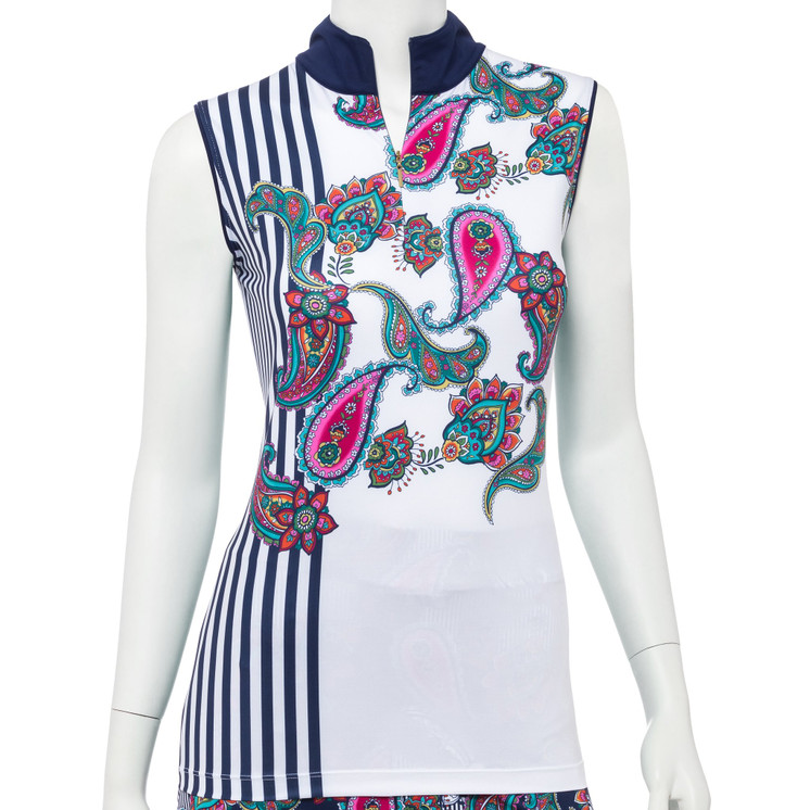 EP Pro NY Sleeveless Placed Paisley Stripe Print Convertible Zip collar Women's Golf Polo