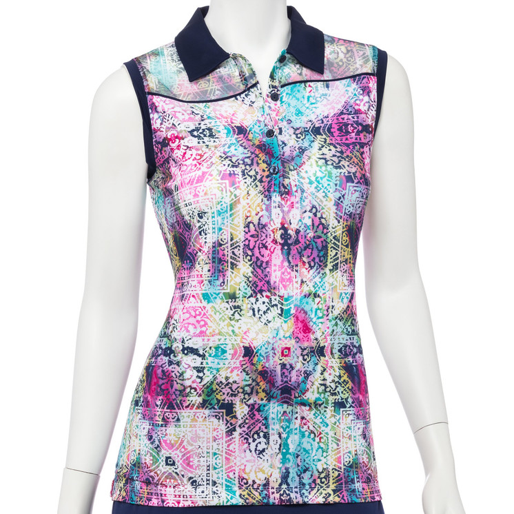 EP Pro NY Sleeveless Paisley Mesh Jacquard Blocked Women's Golf Polo - White