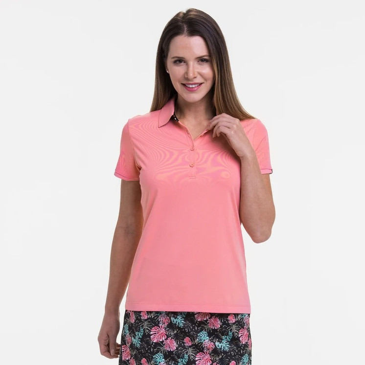 EP Pro NY Short Sleeve Mesh Overlay Stripe Trim Women's Golf Polo - Coral Reef Multi