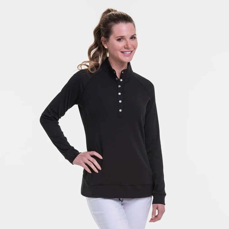 EP Pro NY Long Sleeve Rib Trim Snap Placket Women's Golf Pullover - Black