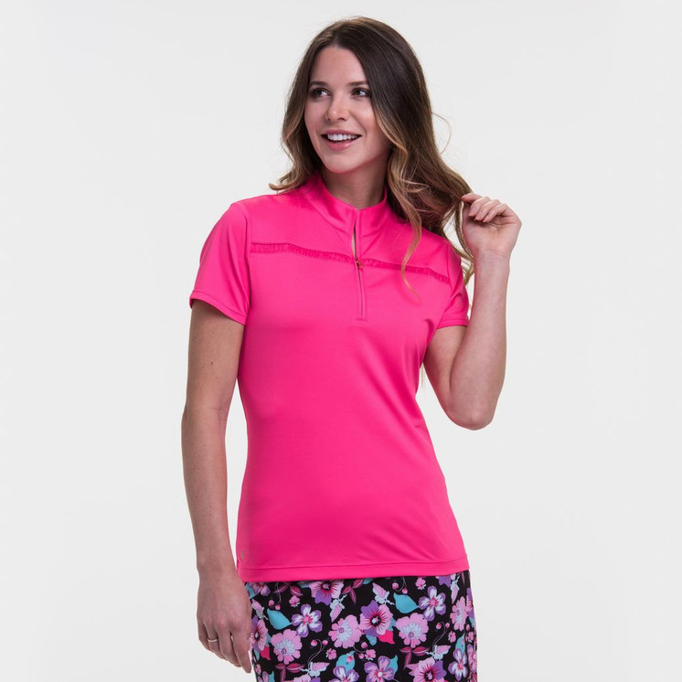 EP Pro NY Short Sleeve Zip Mock Collar Ruched Chiffon Inset Detail Women's Golf  Polo - Rosette