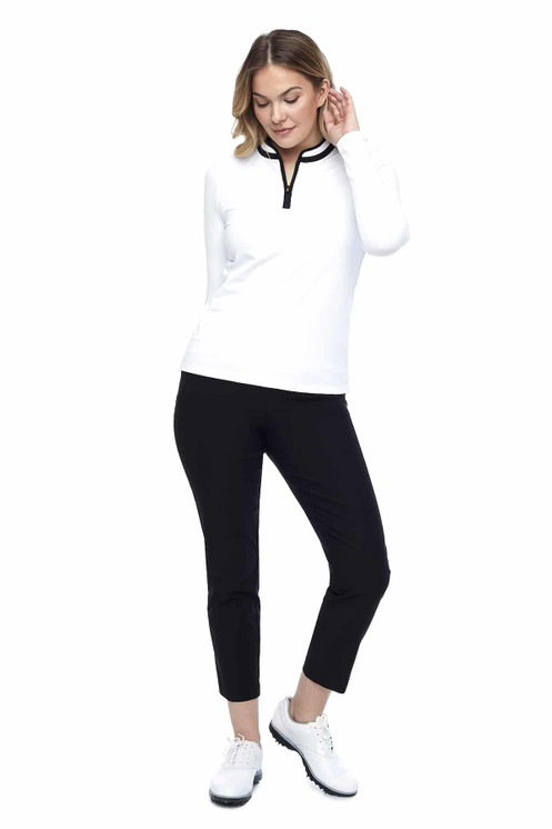 Swing Control Long Sleeve Mockneck Zippered Women's Golf Top - White on Black