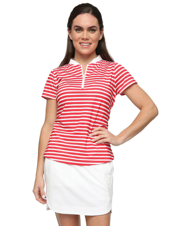 Belyn Key Tapered Neck Cap Sleeve Women's Golf Shirt -  Scarlet Stripe
