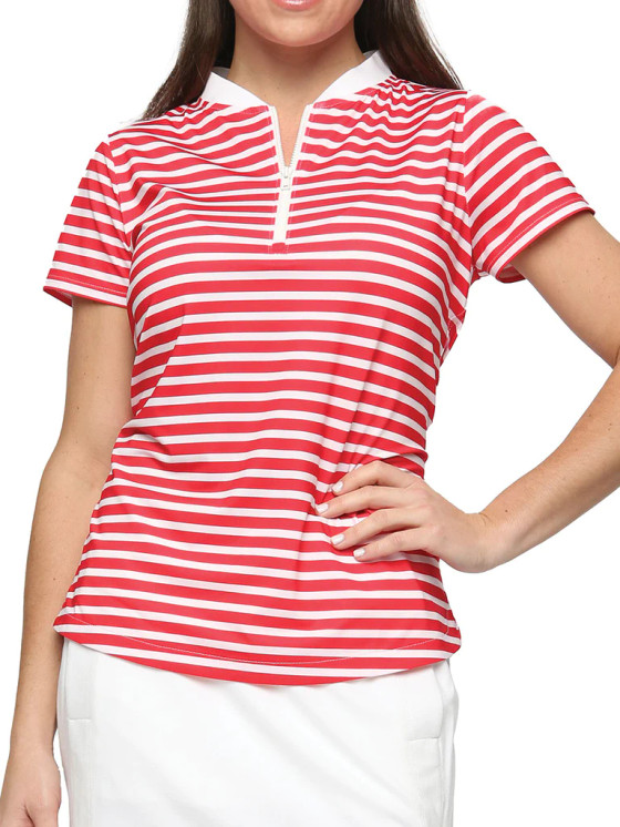 Belyn Key Tapered Neck Cap Sleeve Women's Golf Shirt -  Scarlet Stripe