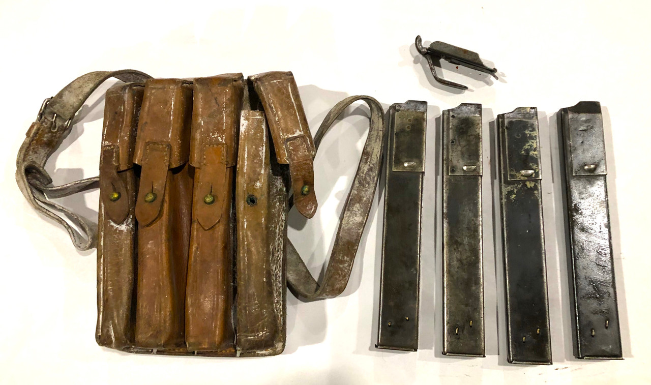 Four (4)  British Sten Mags (20 rd) in Yugo SMG Pouch with Loading Tool