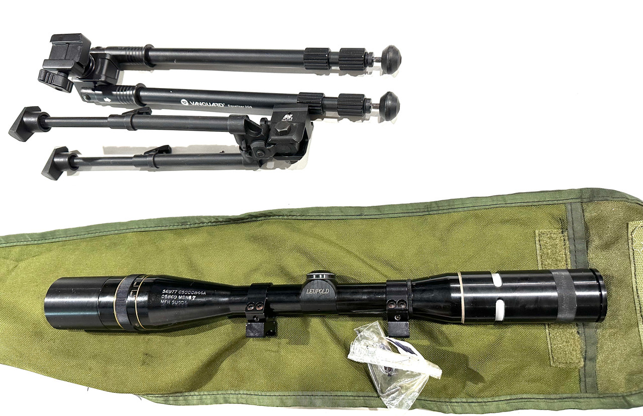 Lot 12:  Vintage Leupold 12x Scope with Rings and MSN 67 Markings, 2 x bipods